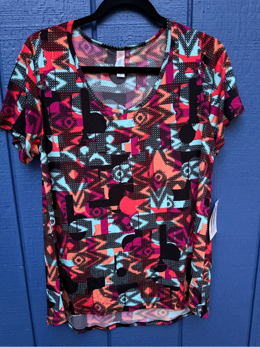 LuLaRoe Short Sleeve Geometric Top — Black, Coral & Teal